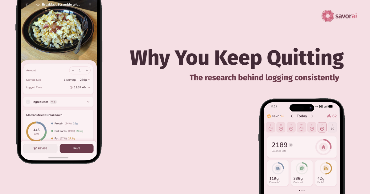 SavorAI homescreen showing a two-month streak next to a daily log with a restaurant meal logged from a photo