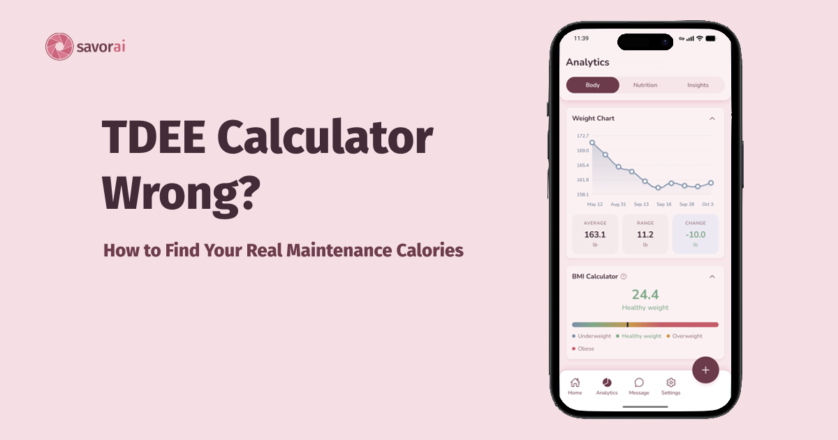 SavorAI Analytics screen in strawberry theme displaying a weight graph with a change of -10lbs.